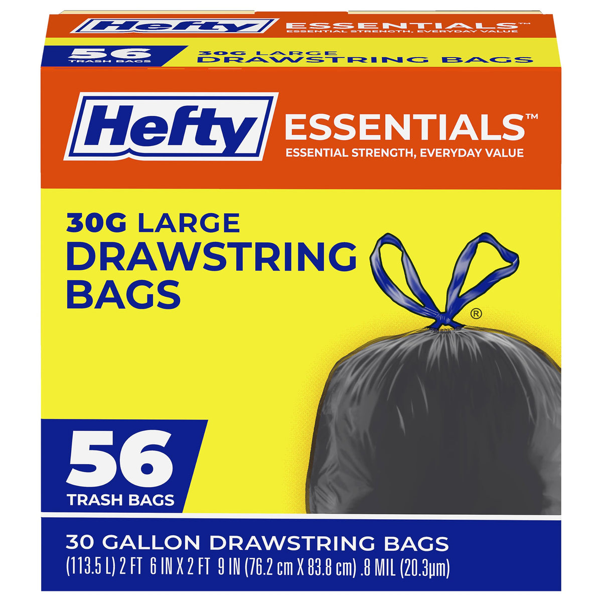 Hefty Essentials Extra Large 39 Gallon Trash Bags, Black, Unscented, 40ct