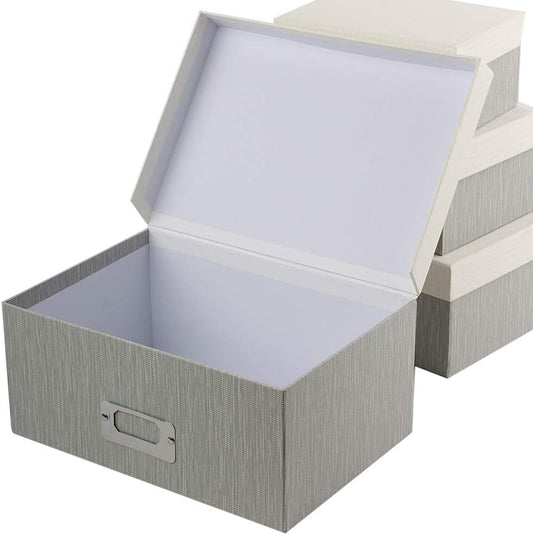Briful Photo Boxes with Lids - 4 in 1 Set Waterproof Storage Boxes with Handles for Clothes, Shoes, Office, Cosmetic, Books