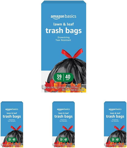 Amazon Basics Lawn & Leaf Drawstring Trash Bags, 39 Gallon, 40 Count, Black, Unscented