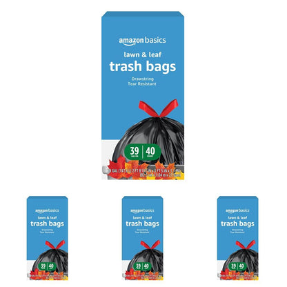 Amazon Basics Lawn & Leaf Drawstring Trash Bags, 39 Gallon, 40 Count, Black, Unscented