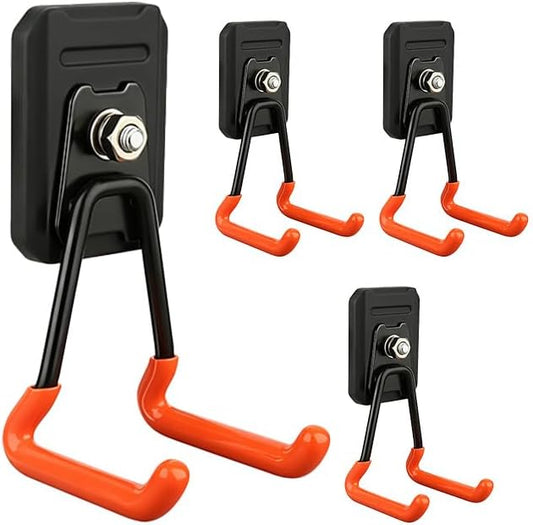 Heavy Duty Magnetic Garage Hooks, 4 Pack Rubber Coated Strong Magnet Hooks for Power Drills, Garden Tools, Ropes, Magnetic Storage Hooks for Workshop and Garage Organization (Orange)