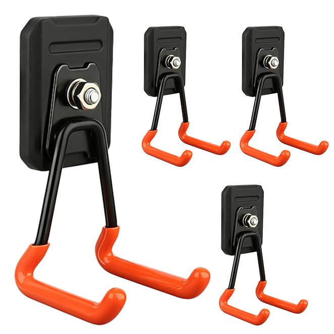 Heavy Duty Magnetic Garage Hooks, 4 Pack Rubber Coated Strong Magnet Hooks for Power Drills, Garden Tools, Ropes, Magnetic Storage Hooks for Workshop and Garage Organization (Orange)