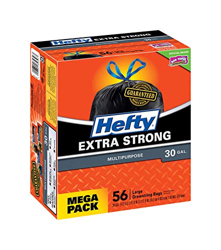 Hefty Strong 30 Gallon Trash Bags, Large Trash Bags 30 Gallon Size, Durable Drawstring Enclosure, Resists Punctures, Leaks, and Tears, Black, Unscented, 56 Bags
