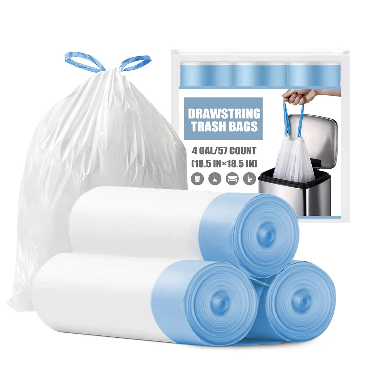 Small Trash Bags 4 Gallon - 150 Count Drawstring 4 Gallon Trash Bag, Tear-Free 4 Gal Small Garbage Bags for Office Bedroom Bathroom Trash Bags, Unscented White 4 Gal Trash Can Liners