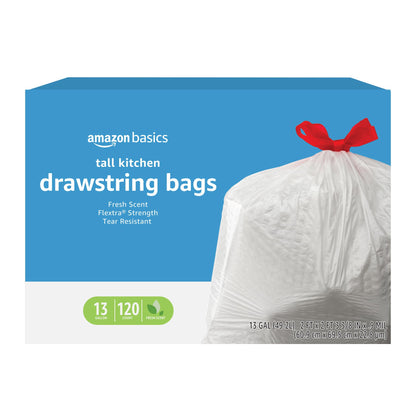 Amazon Basics Flextra Strength Tall Kitchen Drawstring Trash Bags, Fresh Scent, Tear Resistant, 13 Gallon, 90 Count