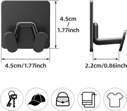 Adhesive Shower Hooks for Inside - Extra Sticky Stainless, Razor Holder Shower Accessories, Wall Mounted Self-Adhesive Double Hooks for Razor, Loofah, Towel, Shaver, Coat, Key, Matt Black, 4-Pack