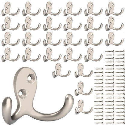 IBosins 8 Pack Silvery Double Prong Coat Hooks Wall Mounted with 16 Screws