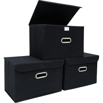 STOREONE Fabric Storage Cube Bins Foldable Organizer Container Collapsible Basket with Lids and Metal Handles, for Home, Bedroom, Closet (Black, 3 Pcs)