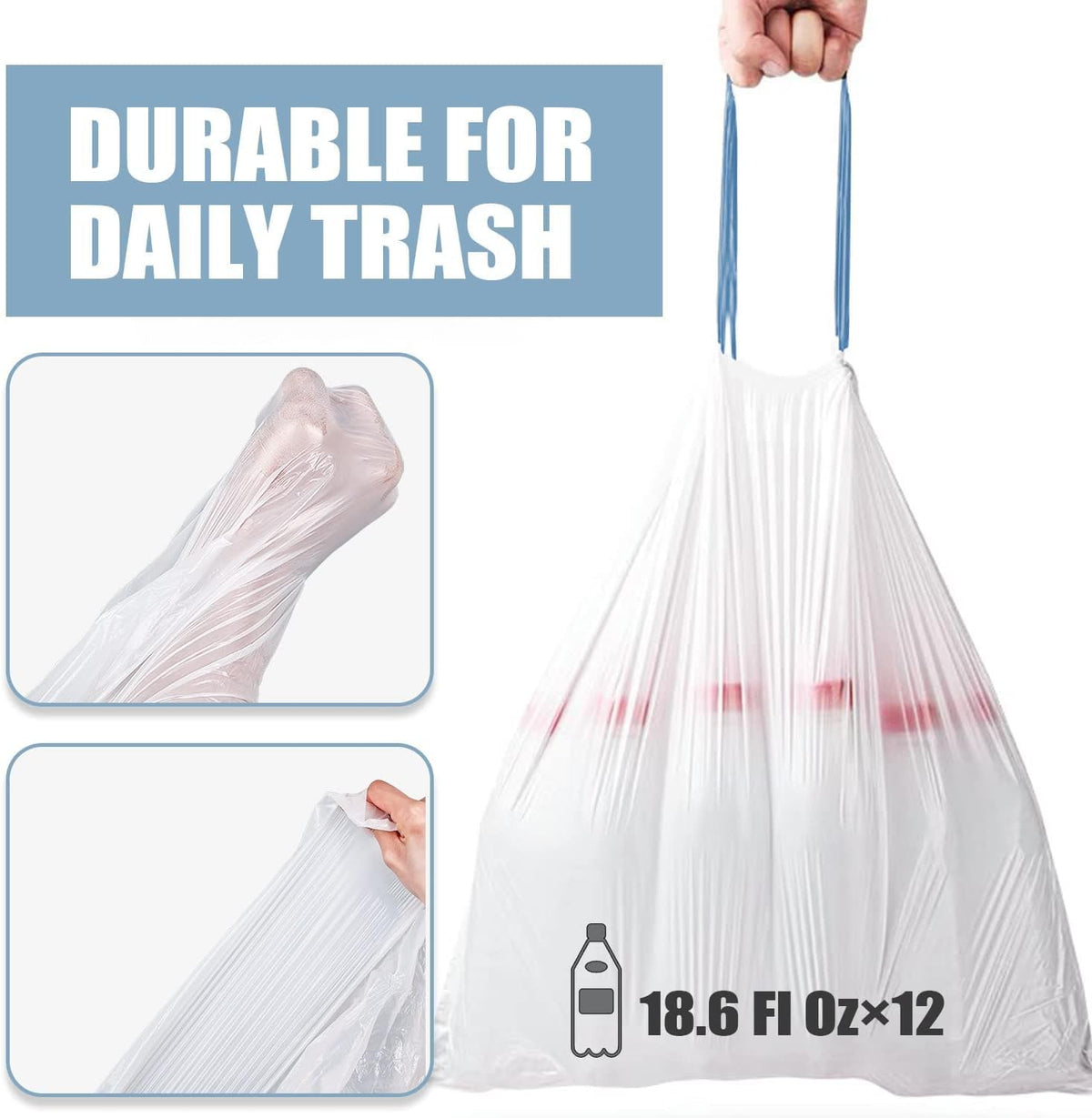 Small Trash Bags 4 Gallon - 150 Count Drawstring 4 Gallon Trash Bag, Tear-Free 4 Gal Small Garbage Bags for Office Bedroom Bathroom Trash Bags, Unscented White 4 Gal Trash Can Liners