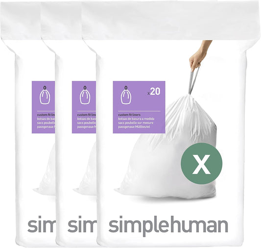 simplehuman Code X 60 Count, Dispenser Pack Custom Fit Liners, Drawstring Trash Bags, 80 Liter / 21.1 Gallon, White