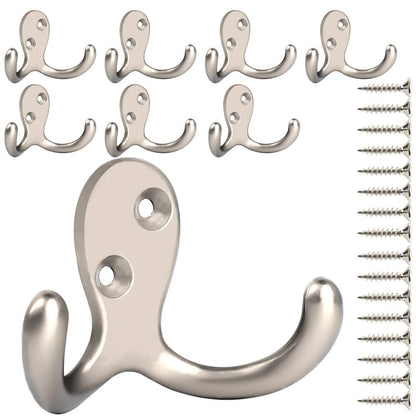 IBosins 8 Pack Silvery Double Prong Coat Hooks Wall Mounted with 16 Screws