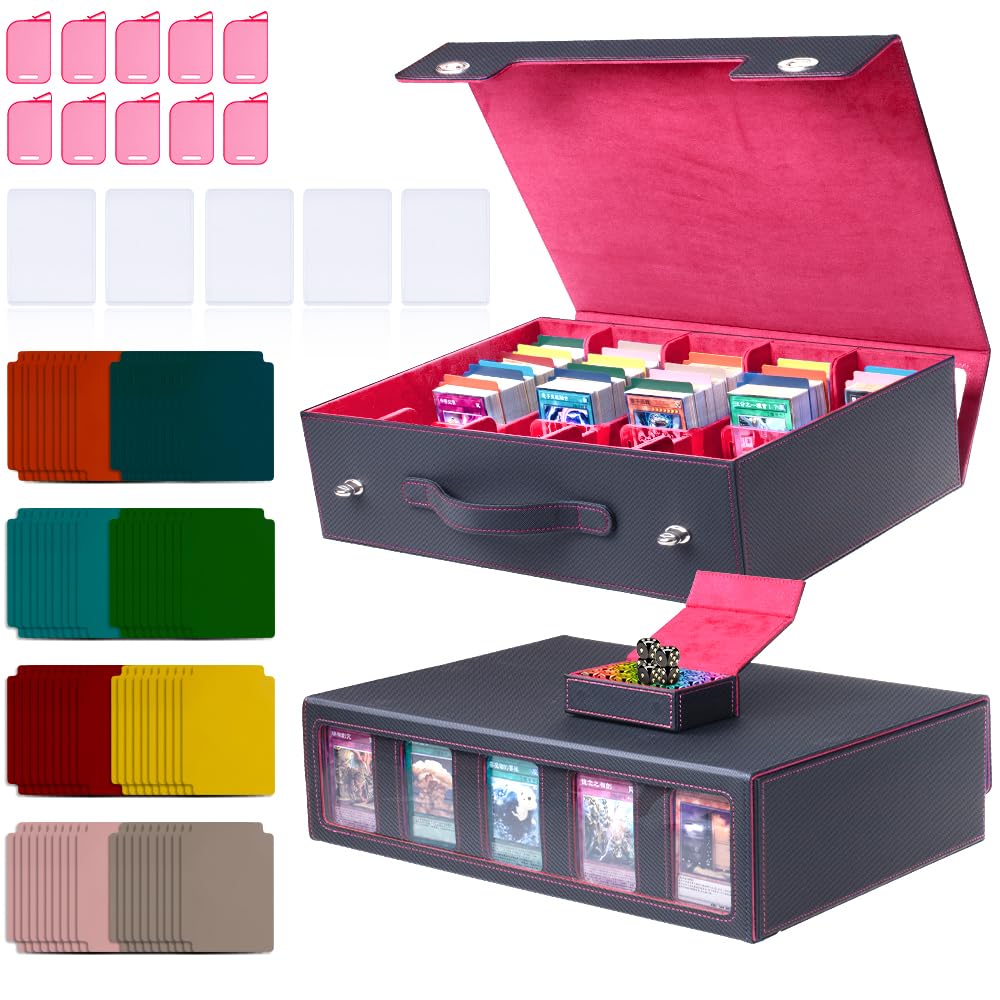 5-Row 3900+ Trading Card Storage Box for MTG, Card Deck Box with Snap-fit Design, 5 Card Sleeves, 10 Stoppers, 80 Dividers and 1 Dice Tray (Black-Red)