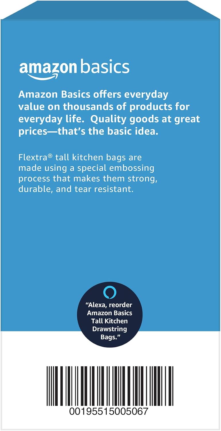 Amazon Basics Flextra Strength Tall Kitchen Drawstring Trash Bags, Fresh Scent, Tear Resistant, 13 Gallon, 90 Count