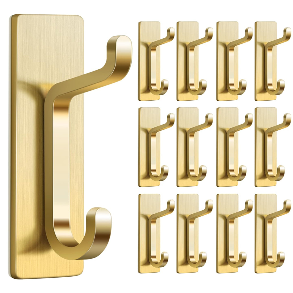 Self Adhesive Wall Hooks for Hanging: Extra Strong 13 LB, Hook for Coat, Towel in Bathrooms, Shower, Kitchen, Wall, Door Hook, Brushed Gold 4 Pack