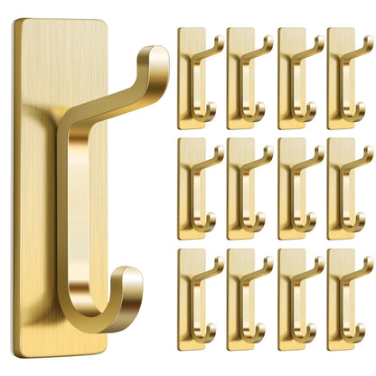 Self Adhesive Wall Hooks for Hanging: Extra Strong 13 LB, Hook for Coat, Towel in Bathrooms, Shower, Kitchen, Wall, Door Hook, Brushed Gold 4 Pack