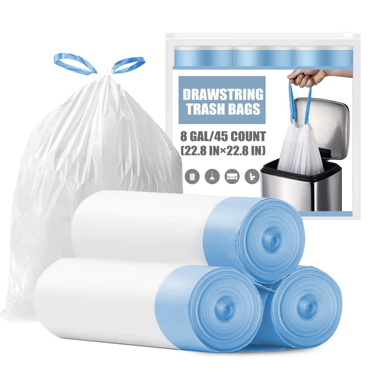 Small Trash Bags 4 Gallon - 150 Count Drawstring 4 Gallon Trash Bag, Tear-Free 4 Gal Small Garbage Bags for Office Bedroom Bathroom Trash Bags, Unscented White 4 Gal Trash Can Liners
