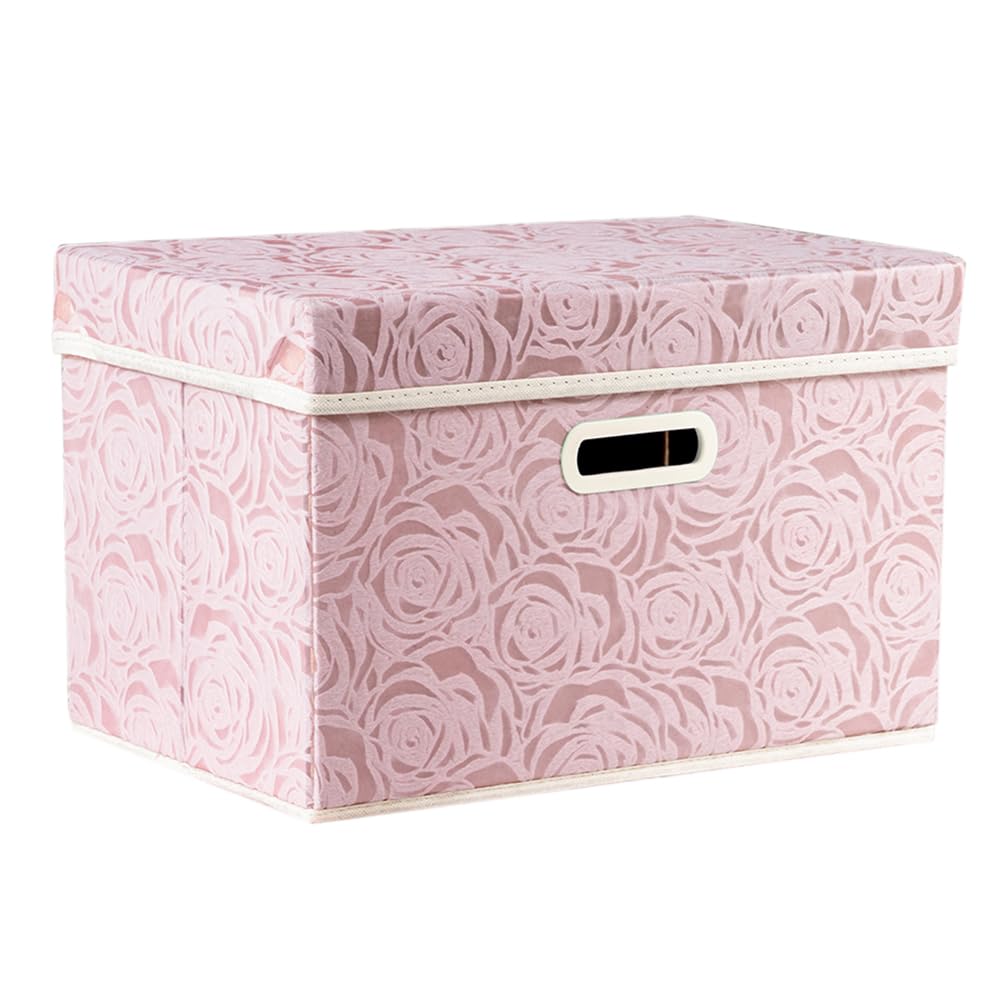 PRANDOM Larger Collapsible Storage Bin with Lid [1-Pack] Fabric Decorative Storage Box Cube Organizer Container Baskes with Handles Divider for Bedroom Closet Living Room Pink 17.7x11.8x11.8 Inch