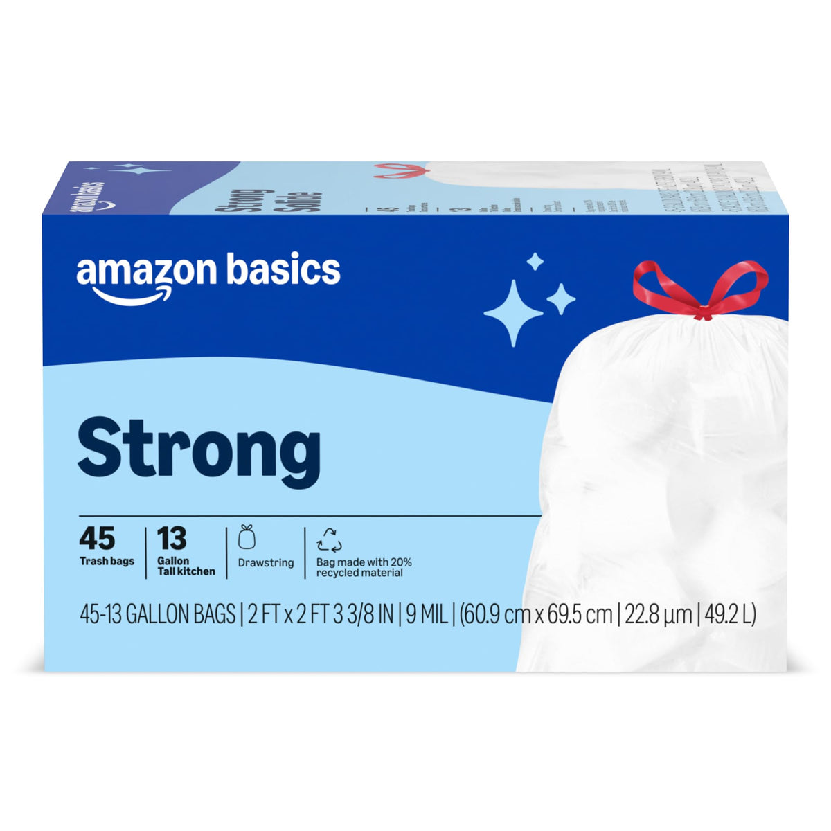 Amazon Basics Flextra Strength Tall Kitchen Drawstring Trash Bags, Fresh Scent, Tear Resistant, 13 Gallon, 50 Count