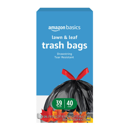Amazon Basics Lawn & Leaf Drawstring Trash Bags, 39 Gallon, 40 Count, Black, Unscented