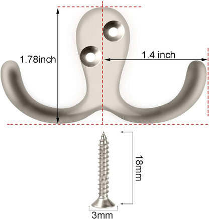 IBosins 8 Pack Silvery Double Prong Coat Hooks Wall Mounted with 16 Screws