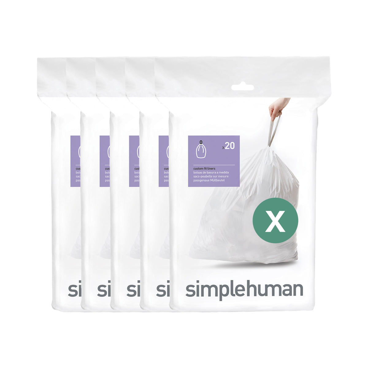 simplehuman Code X 60 Count, Dispenser Pack Custom Fit Liners, Drawstring Trash Bags, 80 Liter / 21.1 Gallon, White