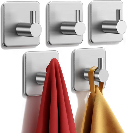 Auxmir Heavy Duty Adhesive Hooks, 5 Pack Stainless Steel Hook 22 lb, Silver