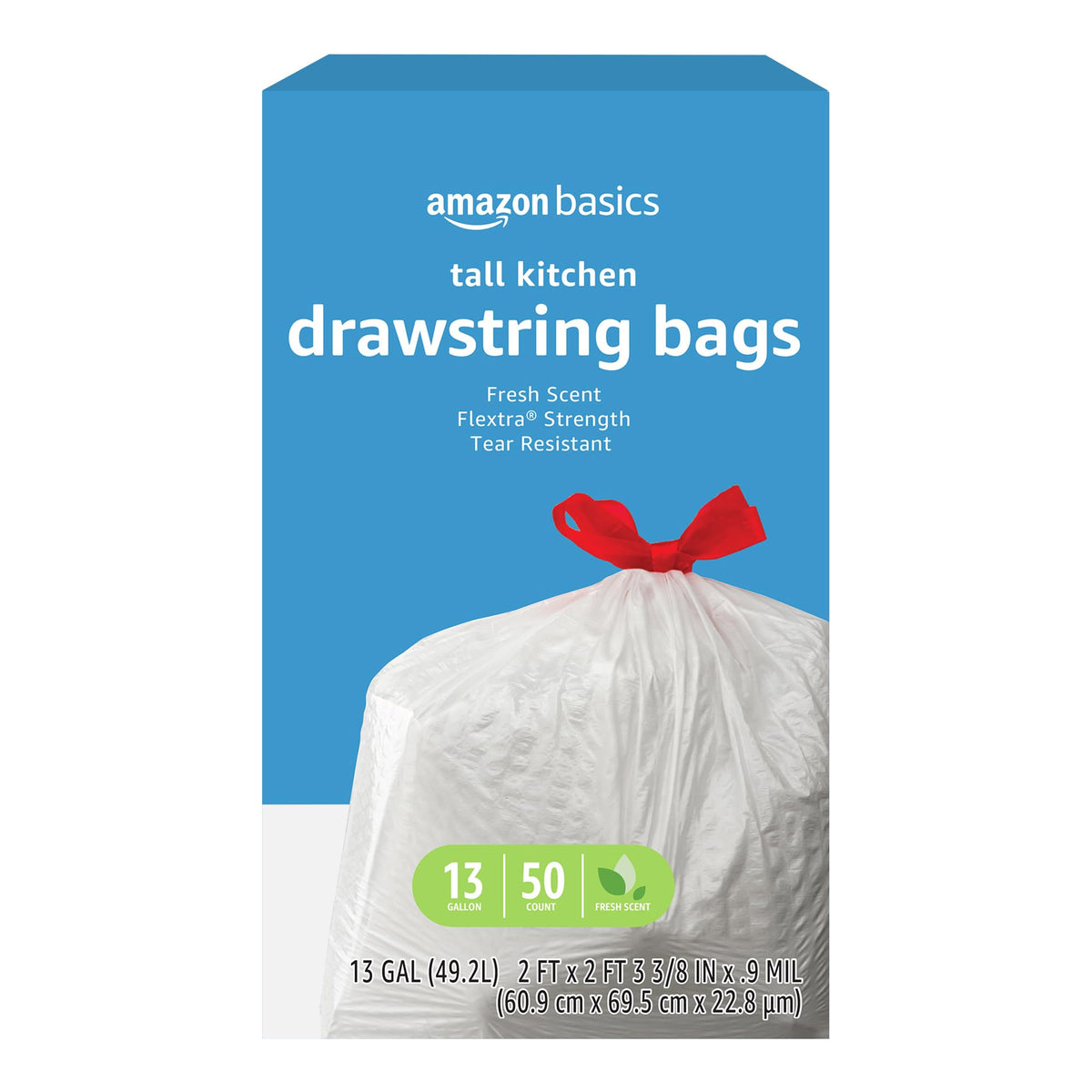 Amazon Basics Trash Bags, Tall Kitchen Drawstring, Unscented, 13 Gallon, 200 Count, Pack of 1, Packaging May Vary