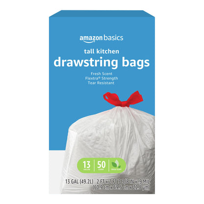 Amazon Basics Trash Bags, Tall Kitchen Drawstring, Unscented, 13 Gallon, 200 Count, Pack of 1, Packaging May Vary