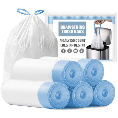Small Trash Bags 4 Gallon - 150 Count Drawstring 4 Gallon Trash Bag, Tear-Free 4 Gal Small Garbage Bags for Office Bedroom Bathroom Trash Bags, Unscented White 4 Gal Trash Can Liners