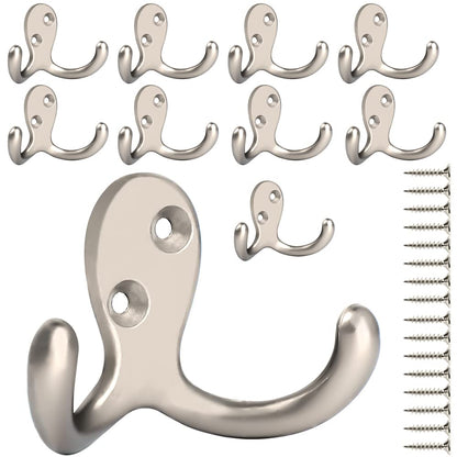 IBosins 8 Pack Silvery Double Prong Coat Hooks Wall Mounted with 16 Screws