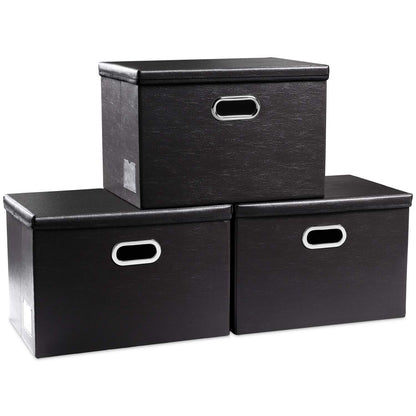 PRANDOM Large Collapsible Storage Bin with Lid [1-Pack] Leather Fabric Foldable Storage Box Organizer Containes Basket Cube with Cover for Home Bedroom Closet Office Nursery Black (17.7x11.8x11.8)