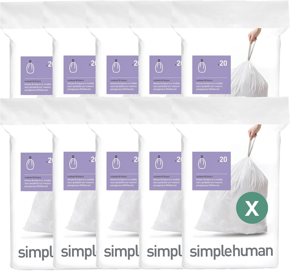 simplehuman Code X 60 Count, Dispenser Pack Custom Fit Liners, Drawstring Trash Bags, 80 Liter / 21.1 Gallon, White