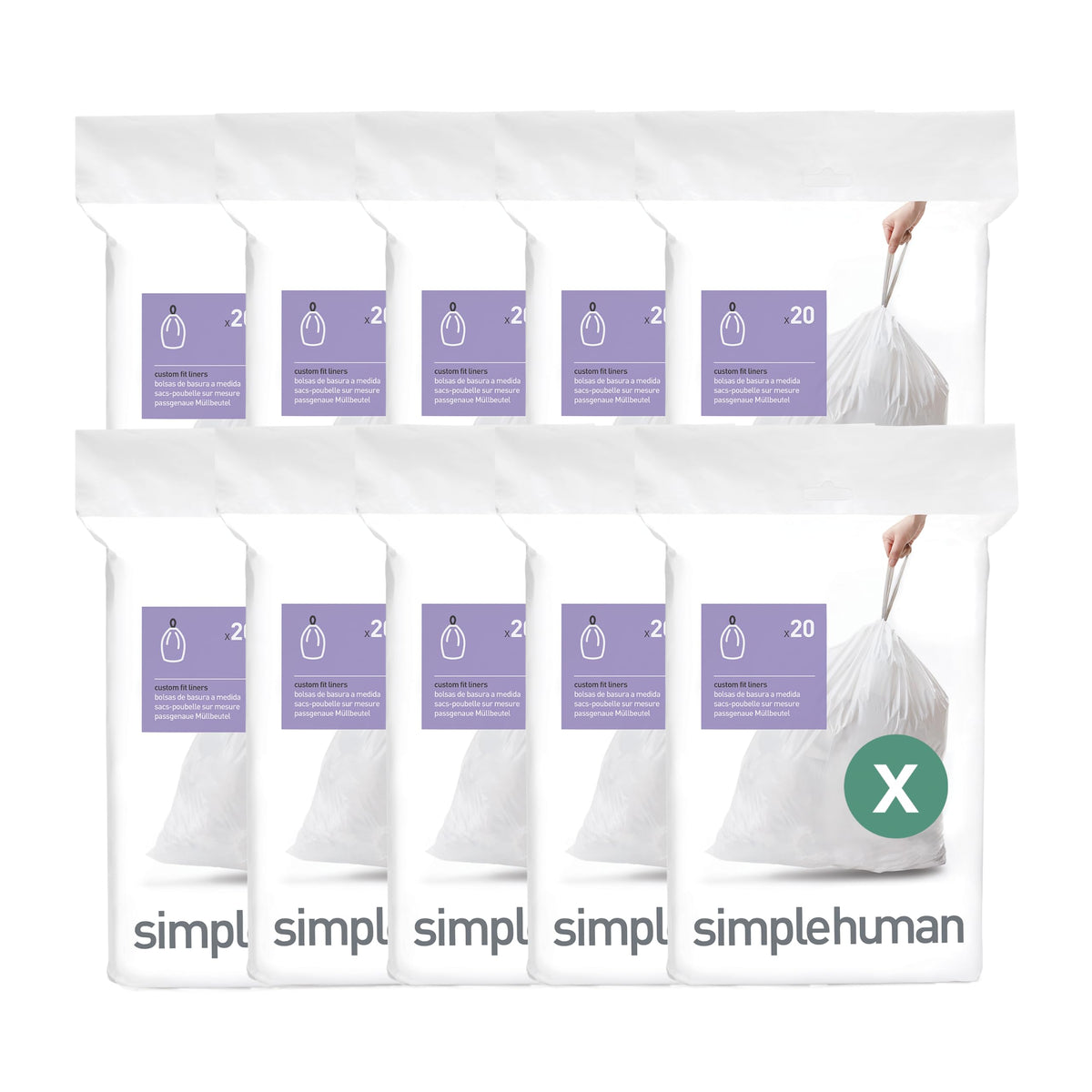 simplehuman Code X 60 Count, Dispenser Pack Custom Fit Liners, Drawstring Trash Bags, 80 Liter / 21.1 Gallon, White