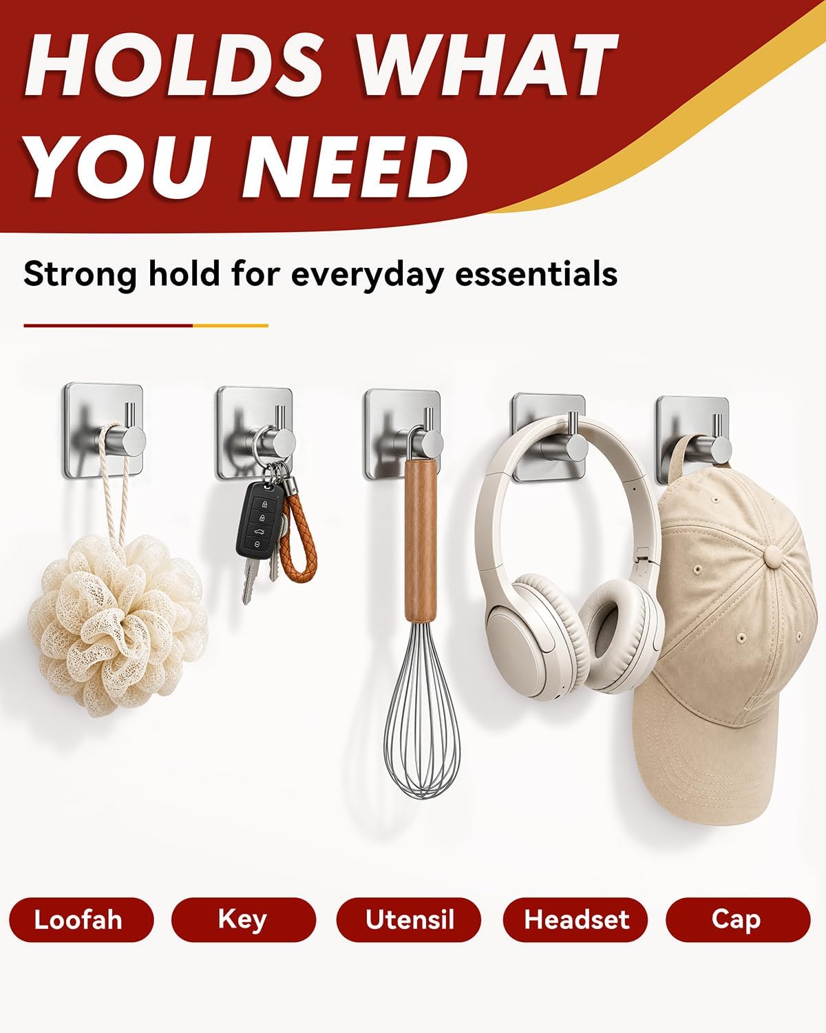Auxmir Heavy Duty Adhesive Hooks, 5 Pack Stainless Steel Hook 22 lb, Silver