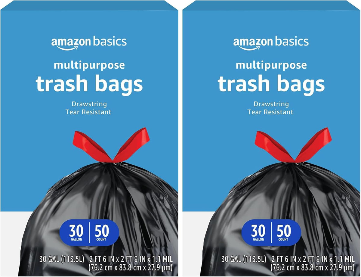 Amazon Basics Multipurpose Drawstring Trash Bags, 30 Gallon, 20 Count, Pack of 1, Packaging May Vary