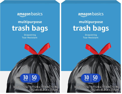 Amazon Basics Multipurpose Drawstring Trash Bags, 30 Gallon Capacity, Tear Resistant, 50 Count (Previously Solimo)