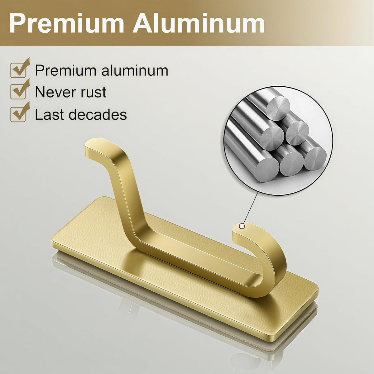 Self Adhesive Wall Hooks for Hanging: Extra Strong 13 LB, Hook for Coat, Towel in Bathrooms, Shower, Kitchen, Wall, Door Hook, Brushed Gold 4 Pack