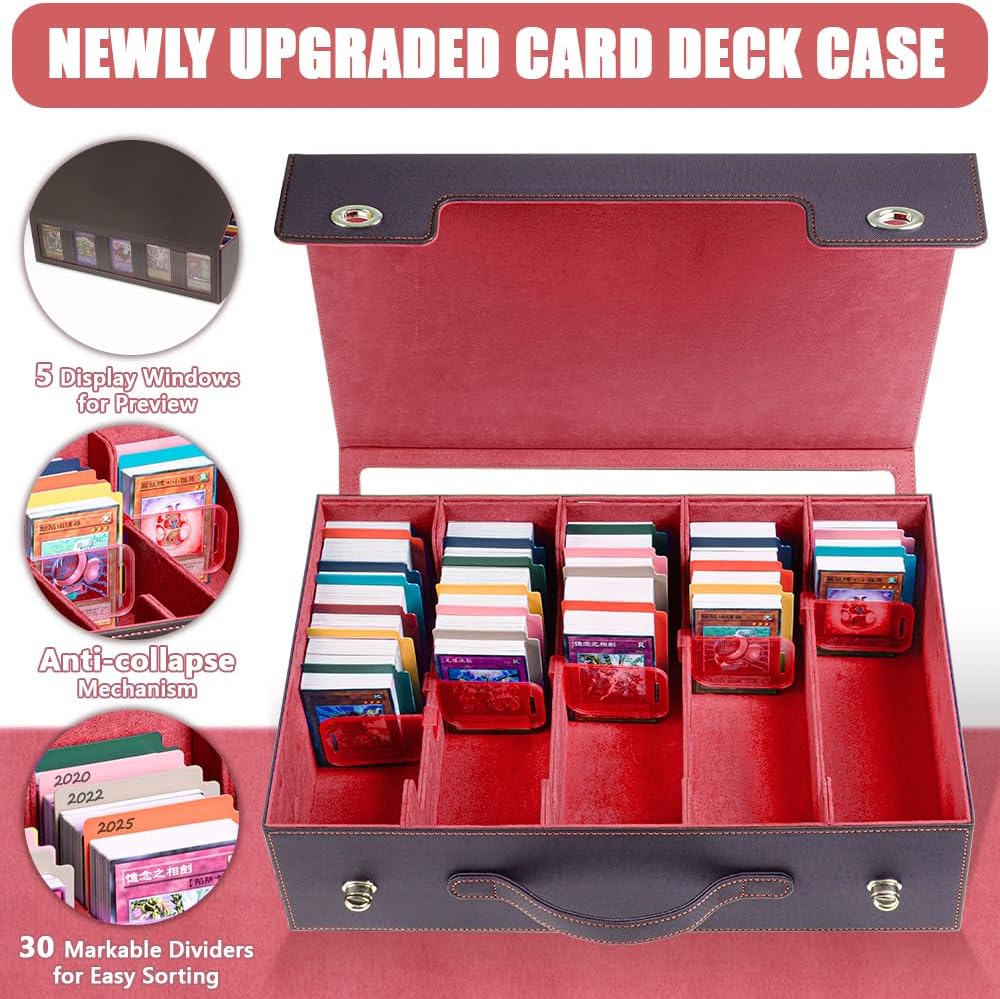 5-Row 3900+ Trading Card Storage Box for MTG, Card Deck Box with Snap-fit Design, 5 Card Sleeves, 10 Stoppers, 80 Dividers and 1 Dice Tray (Black-Red)