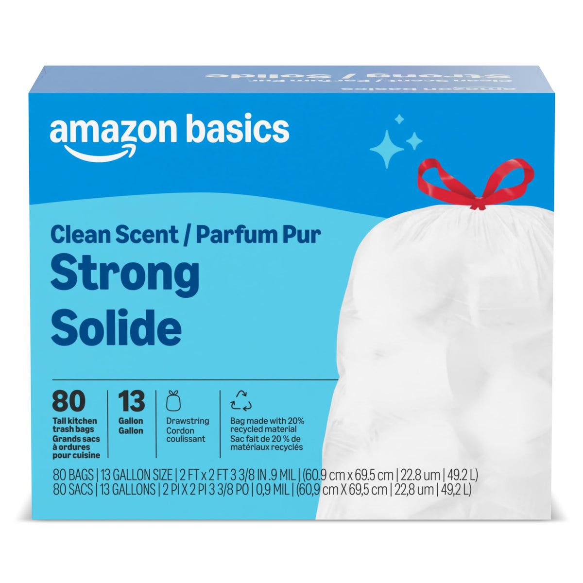 Amazon Basics Flextra Tall Kitchen Drawstring Trash Bags, 13 Gallon, 50 Count, Tear-Resistant, Unscented