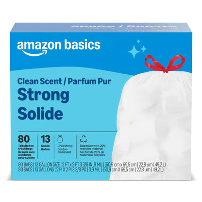 Amazon Basics Flextra Tall Kitchen Drawstring Trash Bags, 13 Gallon, 50 Count, Tear-Resistant, Unscented