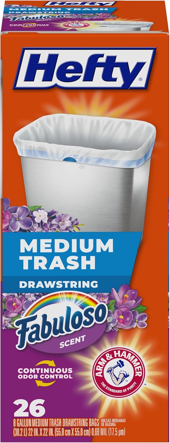 Hefty 8 Gallon Medium Trash Bags, White, Fabuloso Lavender Scent, 26ct