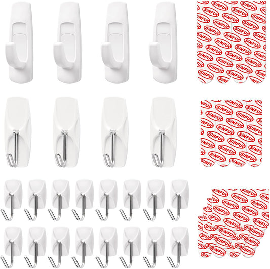 Sinfuo 24 Hooks for Hanging Variety Pack, Adhesive Wall Hooks Heavy Duty with 36 Stirps,no Damage Large midium Small Sticky Utility Hooks for Outdoor、Tower、Keys