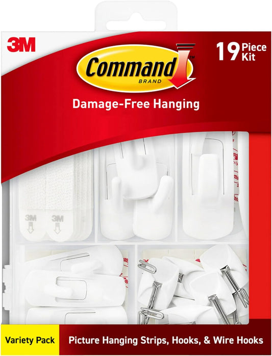 Command Variety Pack, Including 10 Pairs of Picture Hanging Strips, 6 Wire Hooks and 8 Utility Hooks for Hanging Christmas Decorations, Damage Free Hanging Up to 19 Items with Command Strips, 1 Kit