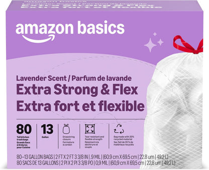 Amazon Basics Ultra-Force Tall Kitchen Drawstring Trash Bags, Lavender Scented, 13 Gallon, 80 Count, Pack of 1, Packaging May Vary