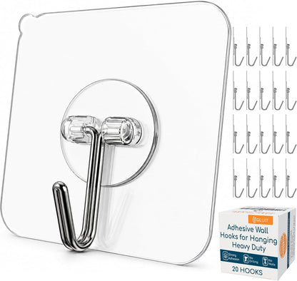 GLUIT Adhesive Wall Hooks for Hanging Heavy Duty No Drill, 22 lbs, 20 pcs