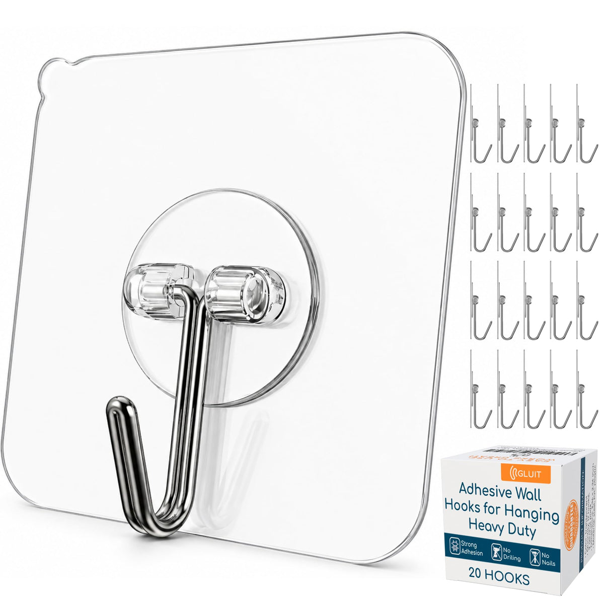 GLUIT Adhesive Wall Hooks for Hanging Heavy Duty No Drill, 22 lbs, 20 pcs