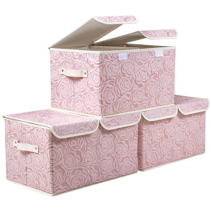PRANDOM Larger Collapsible Storage Bin with Lid [1-Pack] Fabric Decorative Storage Box Cube Organizer Container Baskes with Handles Divider for Bedroom Closet Living Room Pink 17.7x11.8x11.8 Inch