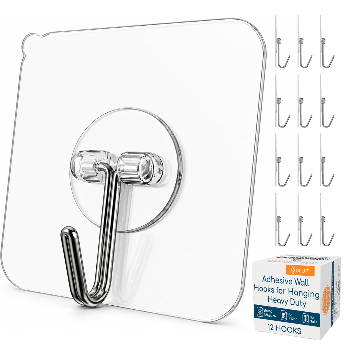 GLUIT Adhesive Wall Hooks for Hanging Heavy Duty No Drill, 22 lbs, 20 pcs