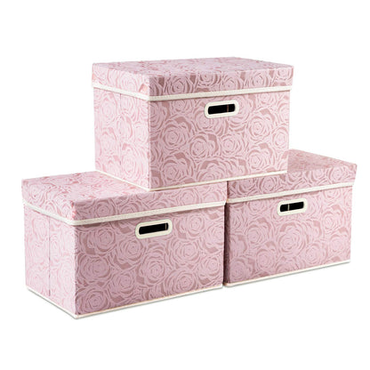 PRANDOM Larger Collapsible Storage Bin with Lid [1-Pack] Fabric Decorative Storage Box Cube Organizer Container Baskes with Handles Divider for Bedroom Closet Living Room Pink 17.7x11.8x11.8 Inch