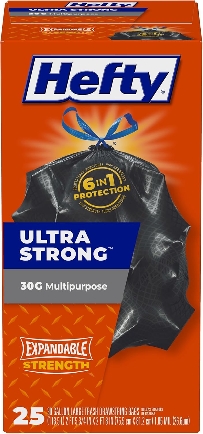 Hefty Ultra Strong 30 Gal Large Trash Bags, Black, Unscented, 25ct